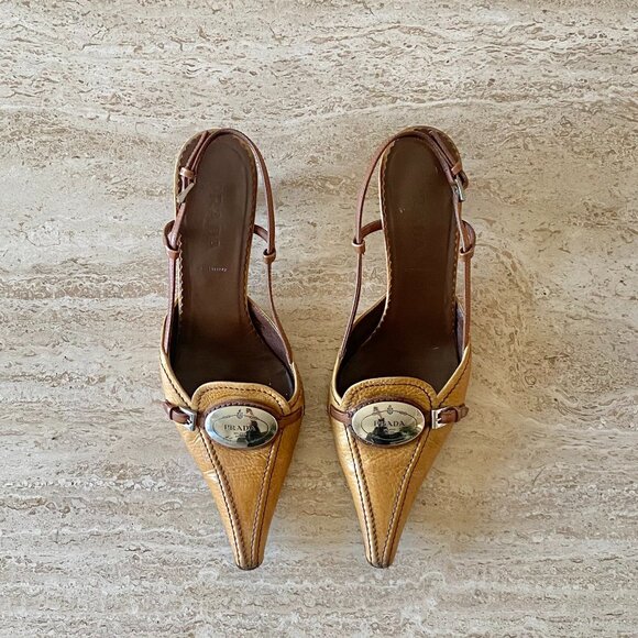 Prada Shoes - Vintage Prada Silver Logo Slingback Kitten Heels